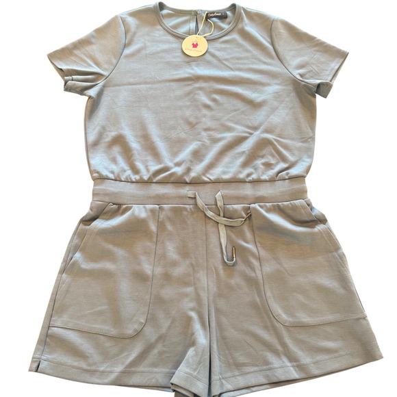 Womens Romper Blue Short Sleeve Drawstring Pockets Size L - Picture 1 of 6